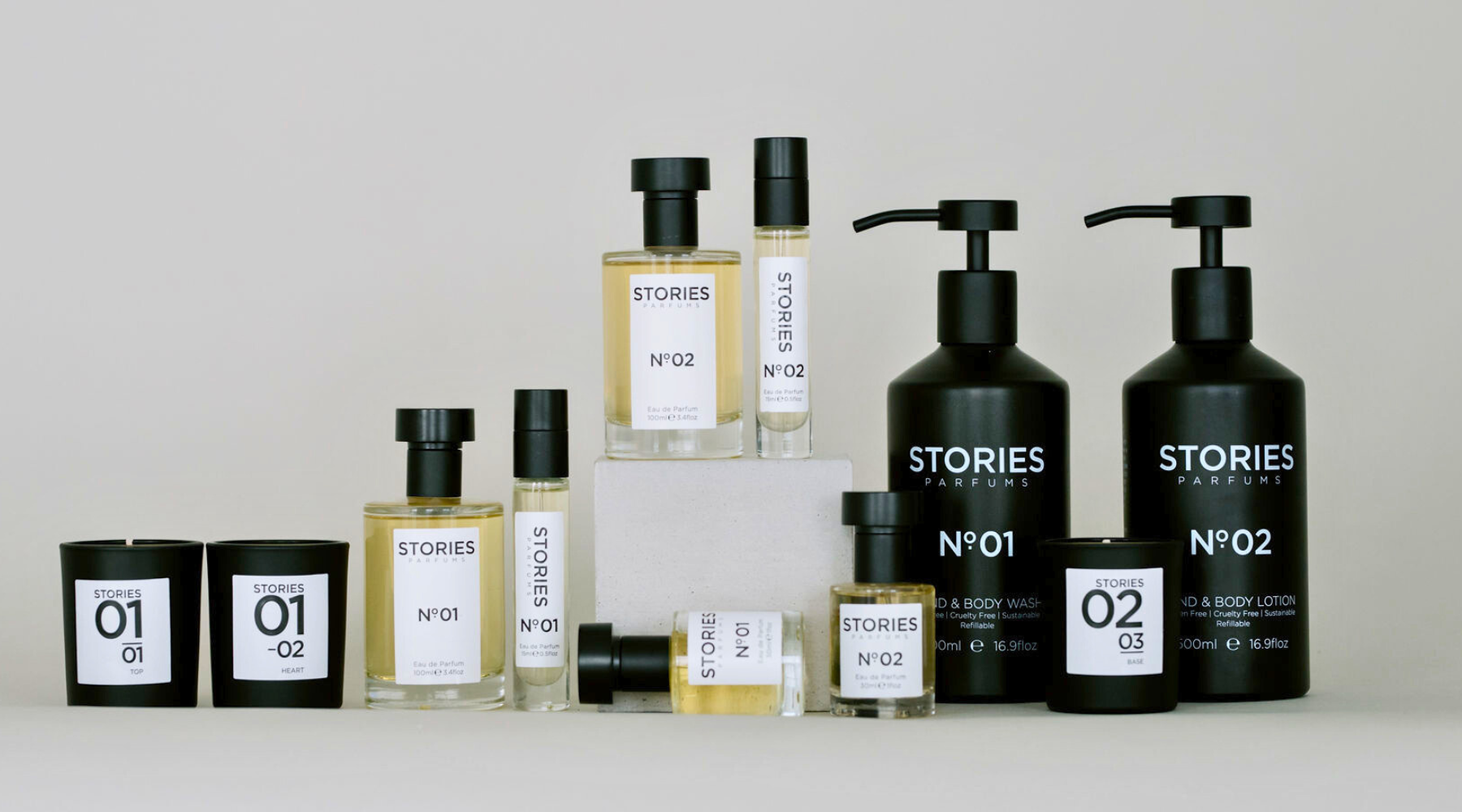 STORIES Parfums Hand and Body Collection flat lay with natural ingredients.