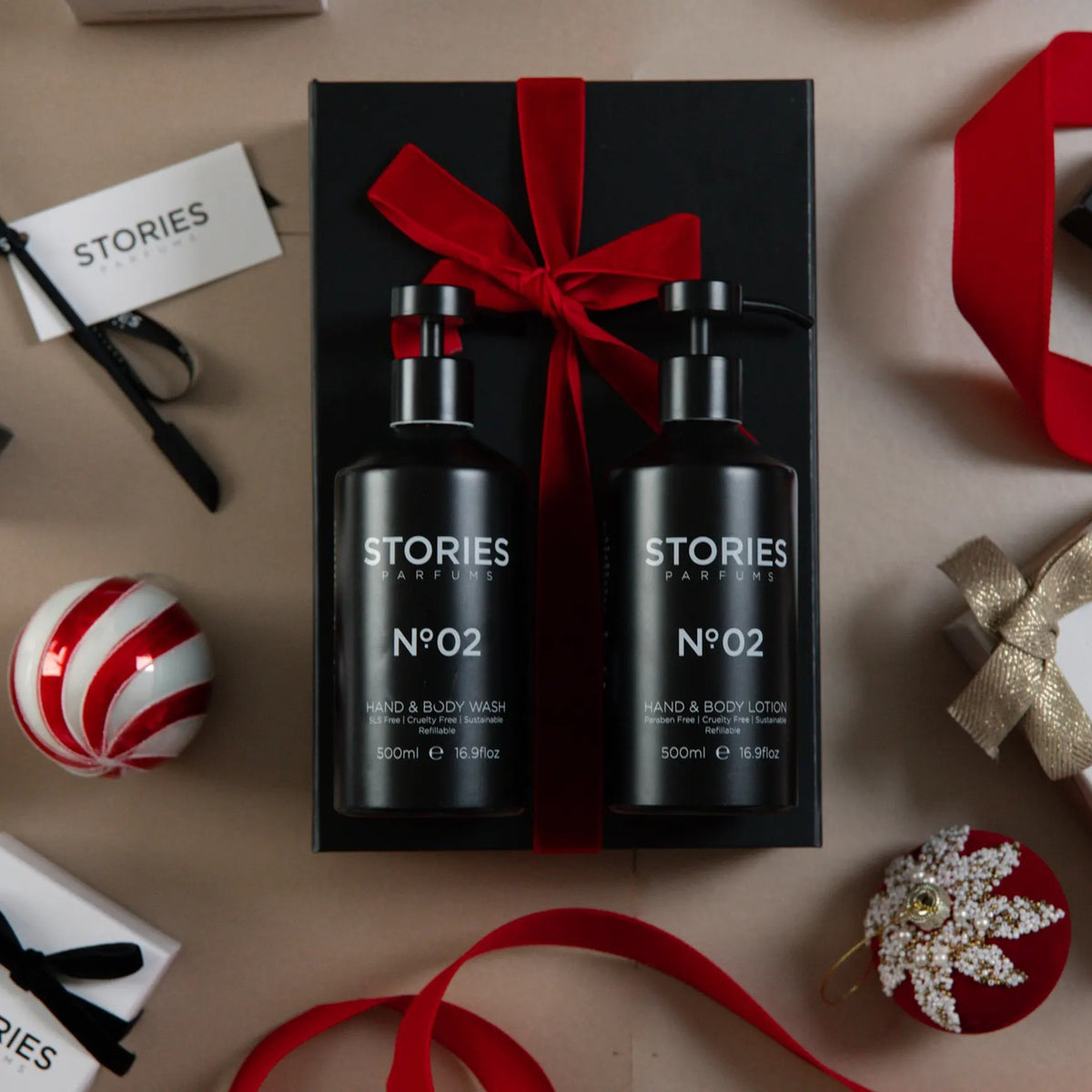 STORIES Nº.02 Hand & Body Wash and Lotion 500ml in a black Christmas Gift Box with red ribbon