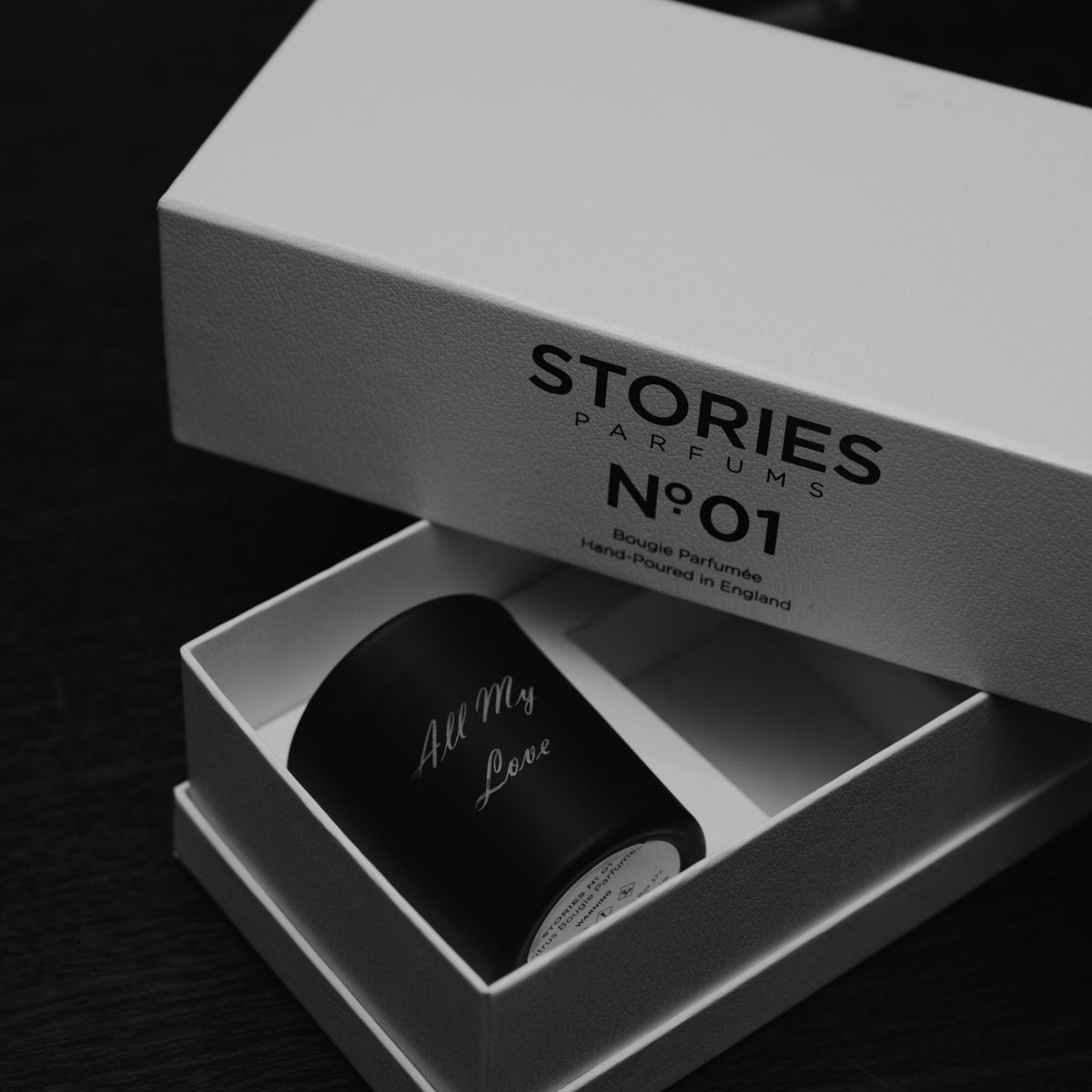 STORIES Nº.01 Bougie Parfumée candle jar engraved with All My Love, in its gift box