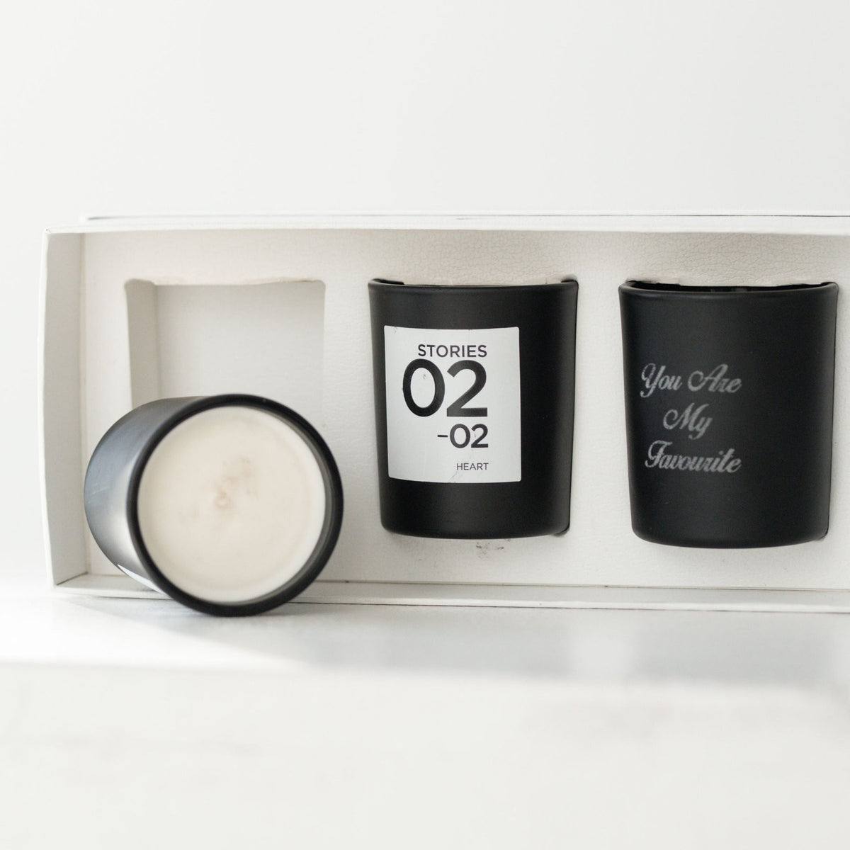 STORIES Nº.02 Bougie Parfumée candles, one jar engraved with You Are My Favourite
