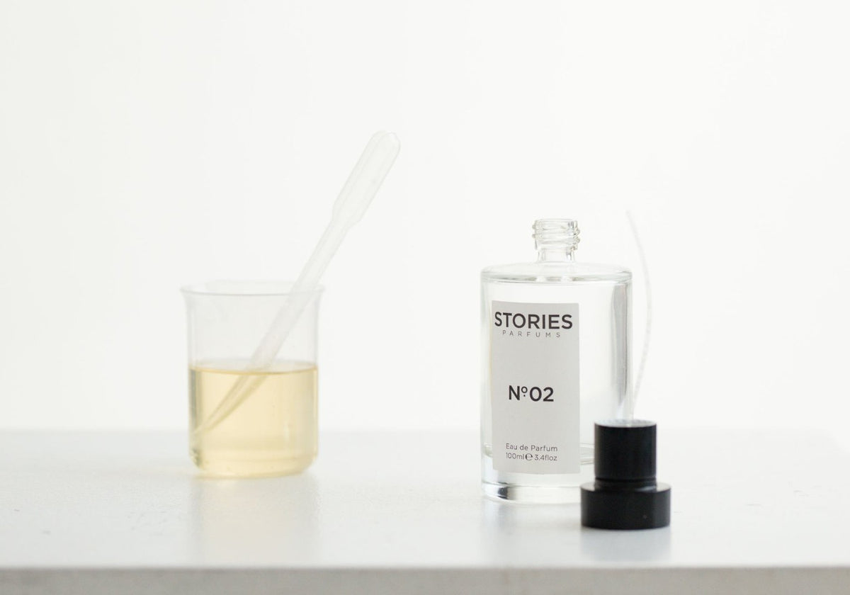 A refillable STORIES Nº.02 Eau de Parfum bottle beside a beaker of fragrance and a pipette