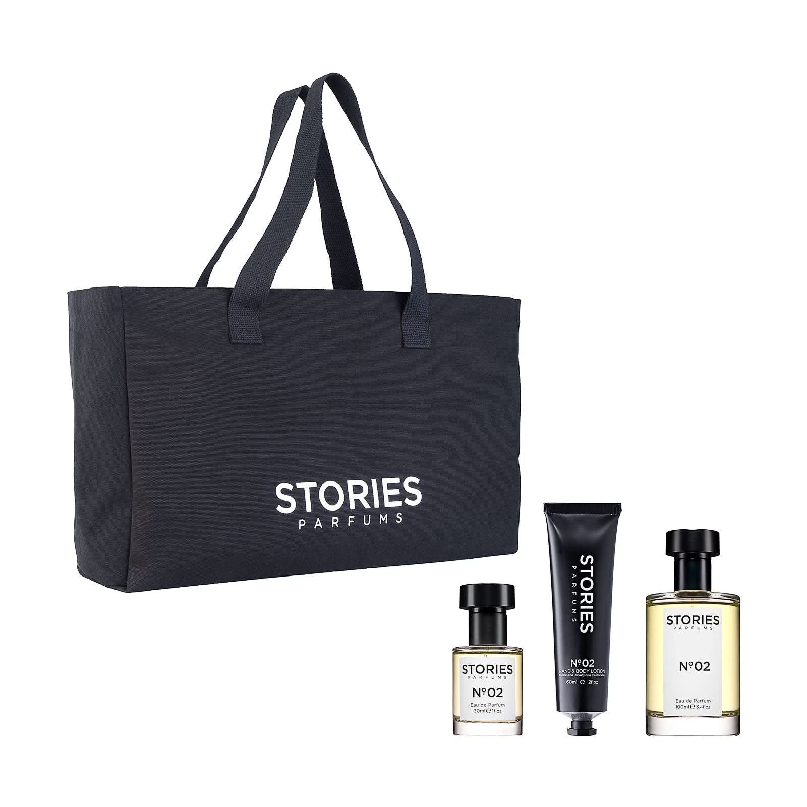 STORIES Nº.02 Deluxe Gift Set — 100ml and 30ml Eau de Parfum with Hand & Body Lotion in a black recycled cotton tote