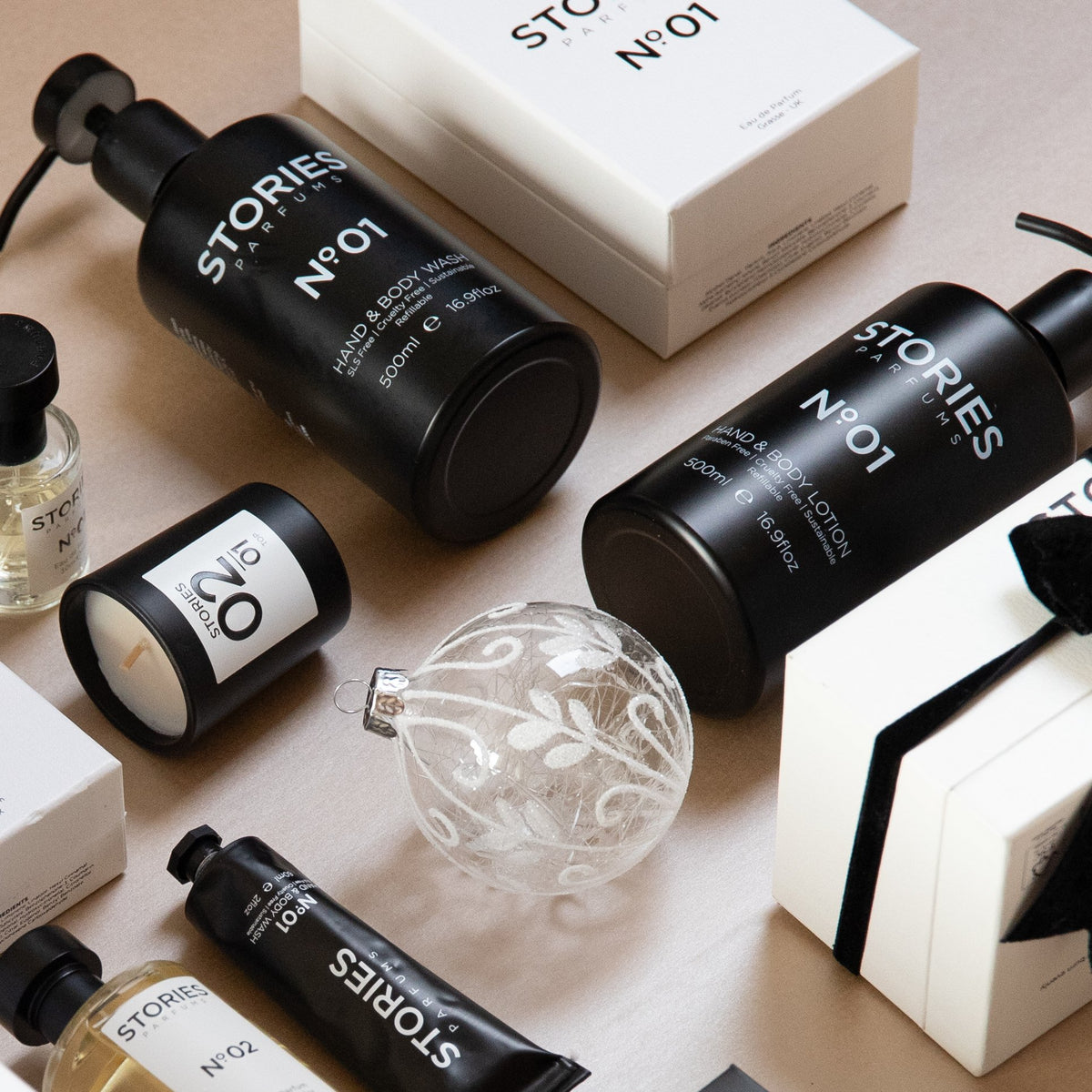 STORIES Nº.01 Hand & Body Wash and Lotion in a Christmas flat lay
