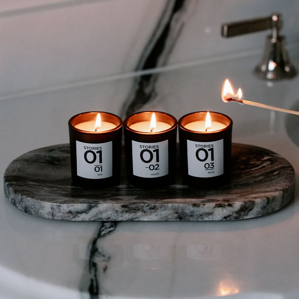 STORIES Bougie Parfumée candle trio presentation